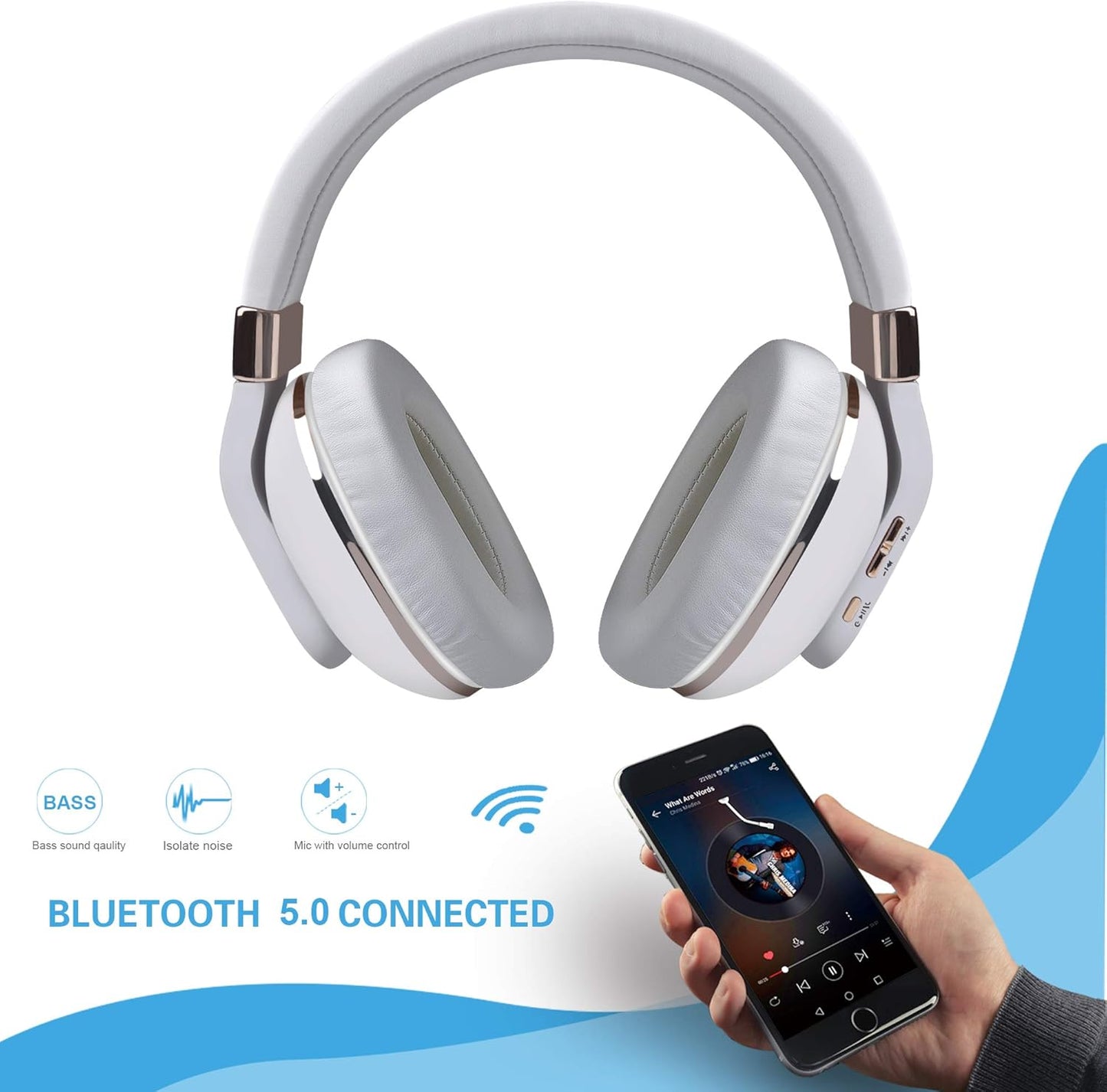 XBT-780 Bluetooth Headphones over Ear, Hi-Fi Stereo Wireless/Wired Headset with Built-In Microphone for Online Class, Home Office, Pc/Cell Phones/Tv (White&Gold)