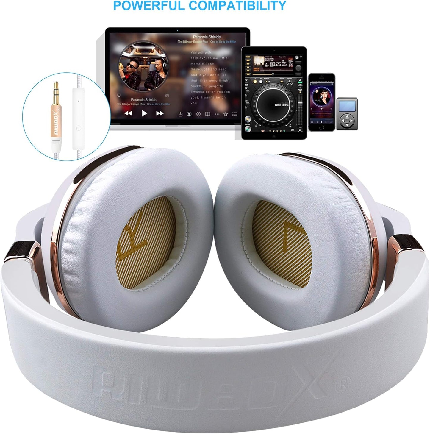 XBT-780 Bluetooth Headphones over Ear, Hi-Fi Stereo Wireless/Wired Headset with Built-In Microphone for Online Class, Home Office, Pc/Cell Phones/Tv (White&Gold)