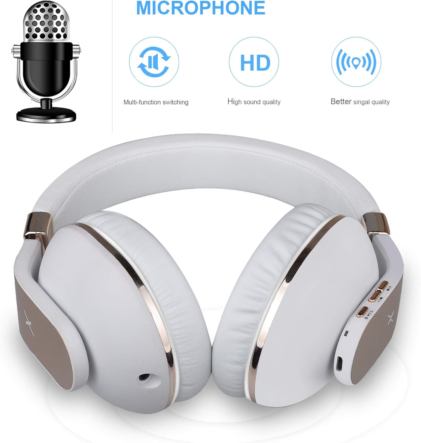 XBT-780 Bluetooth Headphones over Ear, Hi-Fi Stereo Wireless/Wired Headset with Built-In Microphone for Online Class, Home Office, Pc/Cell Phones/Tv (White&Gold)