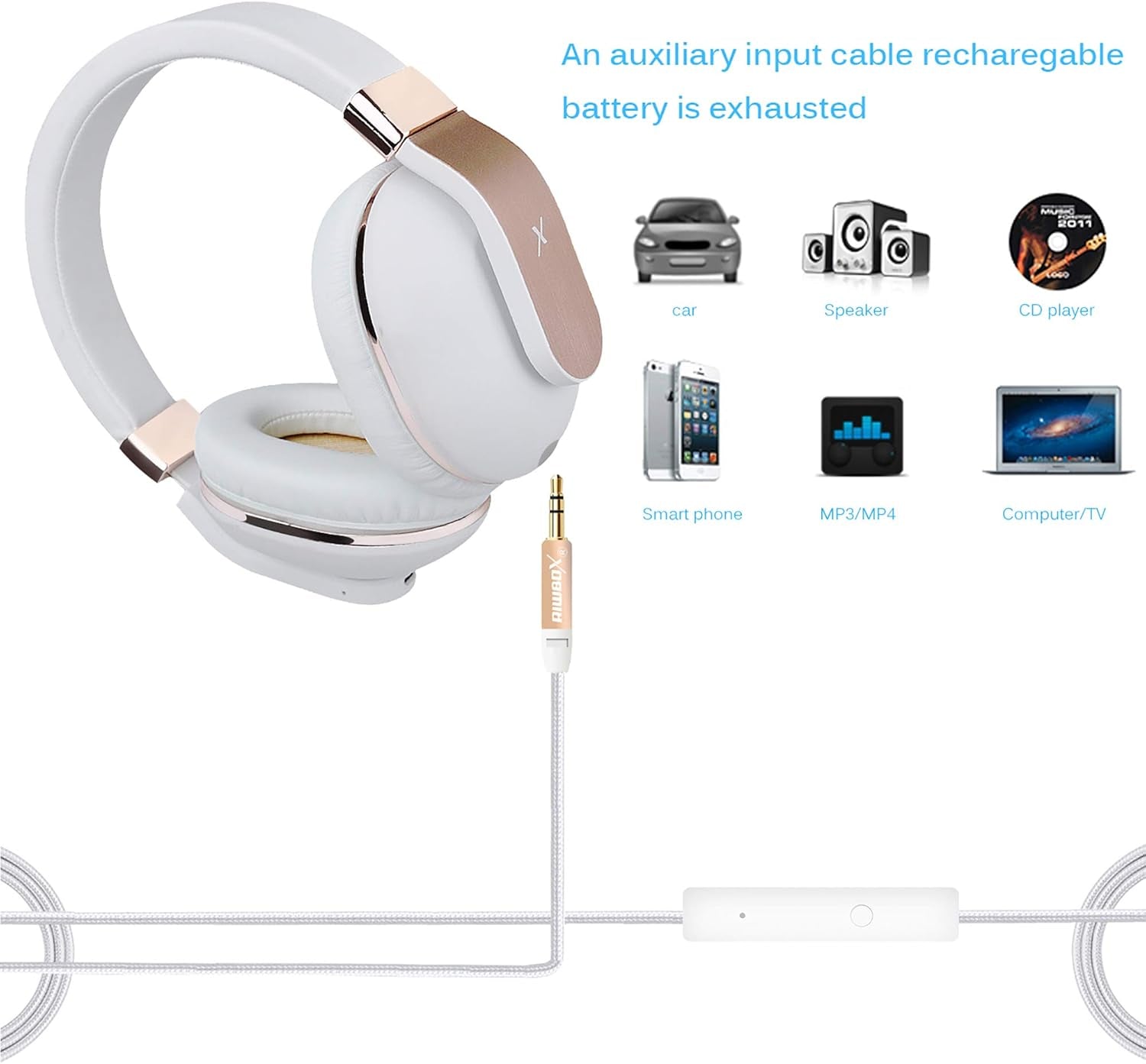 XBT-780 Bluetooth Headphones over Ear, Hi-Fi Stereo Wireless/Wired Headset with Built-In Microphone for Online Class, Home Office, Pc/Cell Phones/Tv (White&Gold)