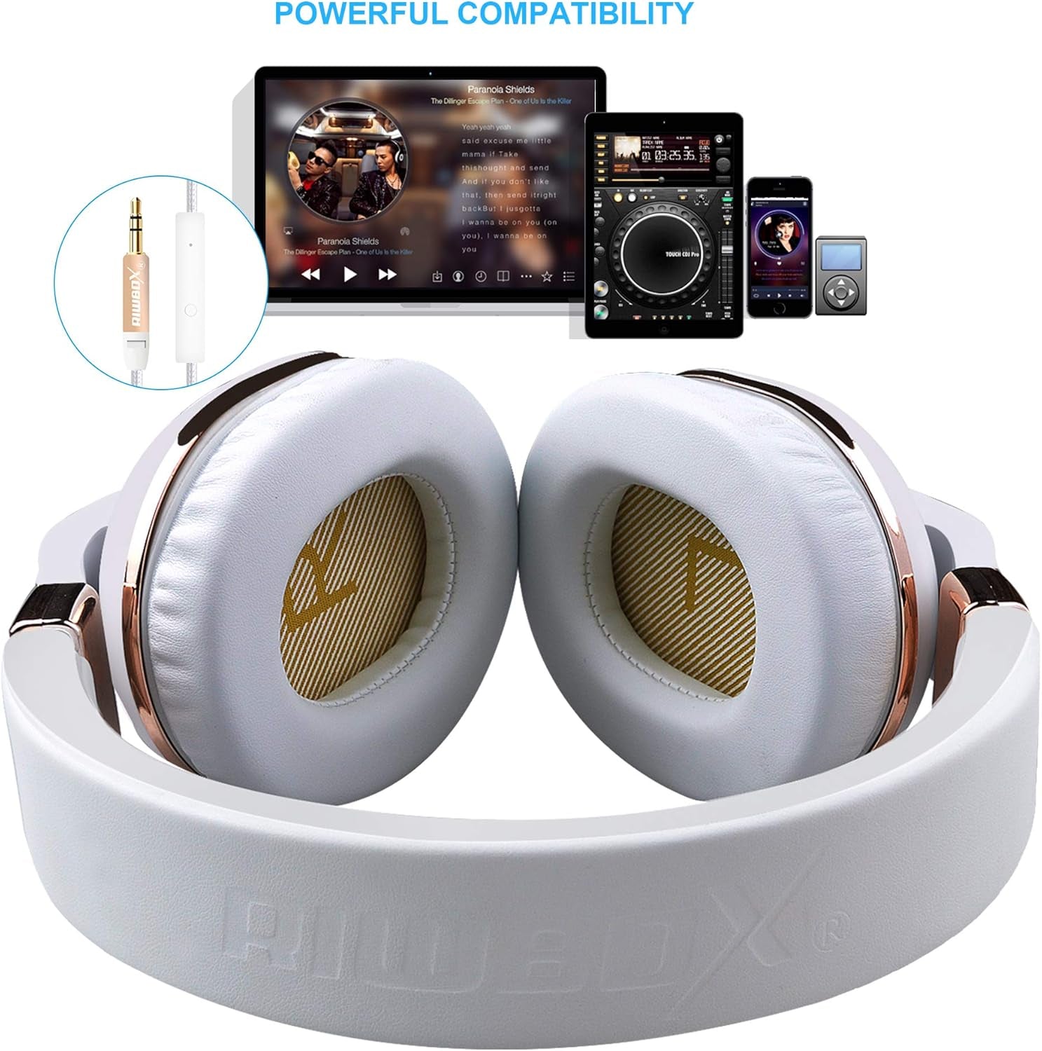 XBT-780 Bluetooth Headphones over Ear, Hi-Fi Stereo Wireless/Wired Headset with Built-In Microphone for Online Class, Home Office, Pc/Cell Phones/Tv (White&Gold)