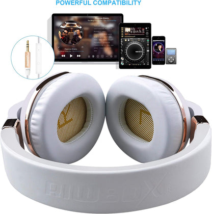 XBT-780 Bluetooth Headphones over Ear, Hi-Fi Stereo Wireless/Wired Headset with Built-In Microphone for Online Class, Home Office, Pc/Cell Phones/Tv (White&Gold)